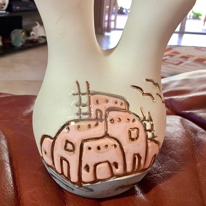 Great condition Ceramic Pueblo Blue Pink Southwestern Vase with Gold Accents Double Spout 5.5\u201d by 3.5\u201d