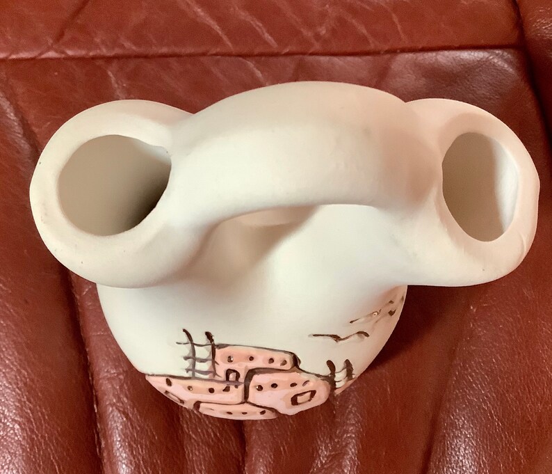 Great condition Ceramic Pueblo Blue Pink Southwestern Vase with Gold Accents Double Spout 5.5\u201d by 3.5\u201d