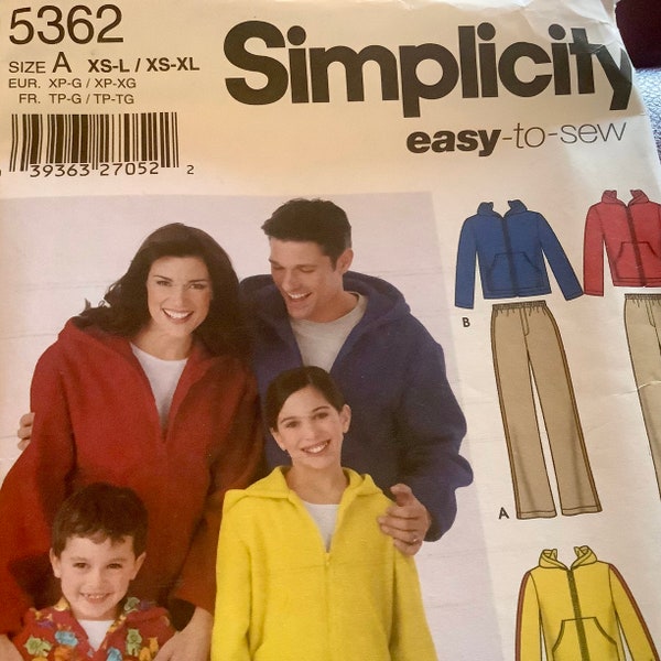 Simplicity 5362 | Easy Unisex Pants & Hooded Sweatshirt Pattern size xsmall-xlarge | uncut