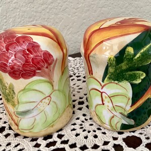 Colorful Floral Ceramic Salt & Pepper Shakers without stoppers | 3.5” by 2.5” wide | nice condition