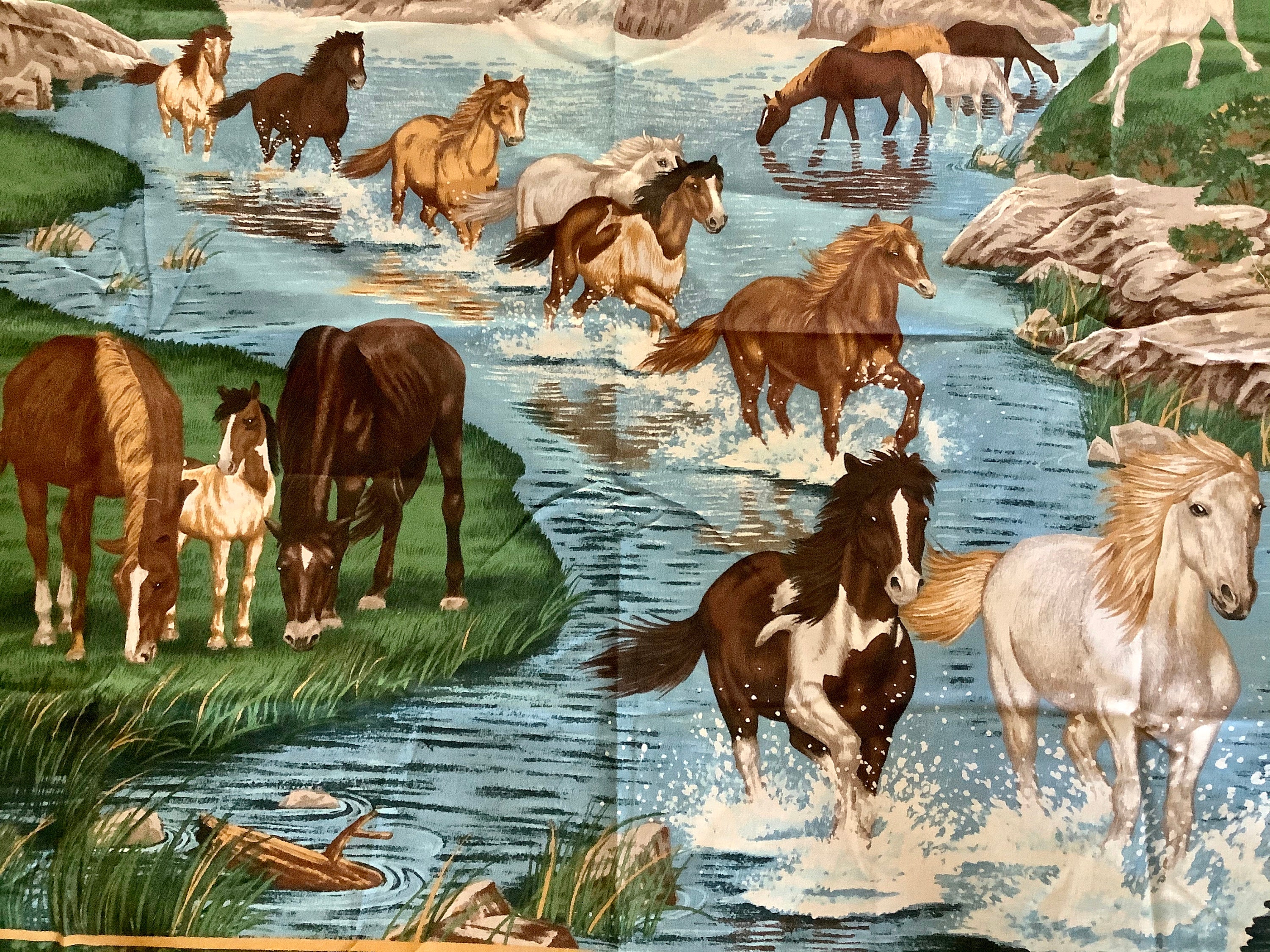 Horses Cotton Fabric Panel 1 Yard Blue Gold White Brown Etsy UK