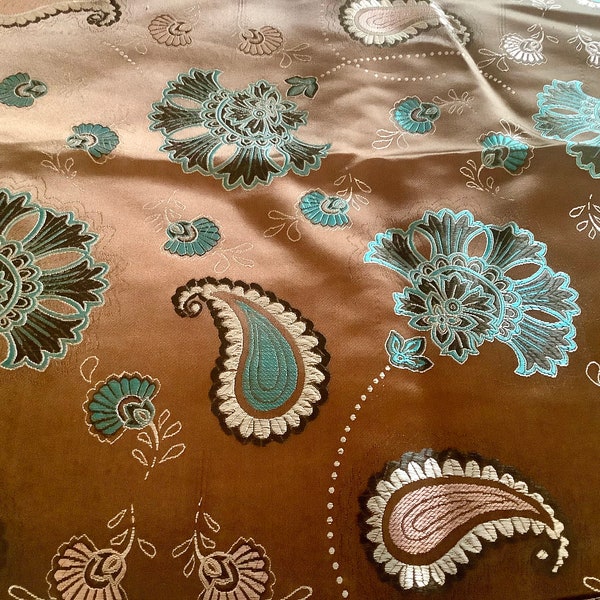 Satin Brown & Turquoise Floral Print Fabric, 1 yard by .45” wide in Excellent Condition as pictured