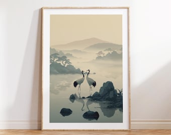 Japanese Crane Couple Wall Art, Minimalist Sun Print, Japandi Wall Art Printable Poster, Modern Nature Neutral Home Decor, Zen Landscape Art
