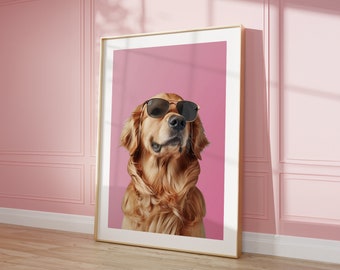 Exclusive Golden Retriever with Sunglasses Print Wall Art, Cool Dog Posters, Modern Art, Trendy Room Wall Art, Home Decor, Digital Poster