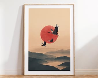 Japanese Crane Wall Art, Minimalist Sun Print, Japandi Wall Art Printable Poster, Modern Nature Neutral Home Decor, Zen Landscape Wall Art