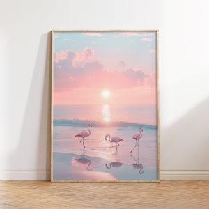 Pastel Sunset Ocean Beach with Flamingos Print Wall Art, Pink Flamingo, Pink Coastal Poster, Ocean Art Print, Aesthetic Dorm Room Decor