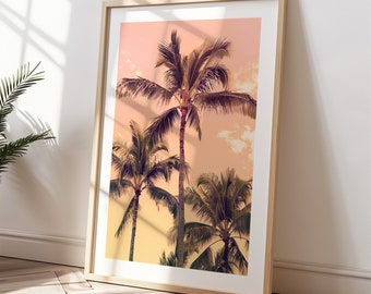 Tropische Orange Rosa Palmen Druck Wandkunst, Tropische Küsten Drucke, Strand Druck Kunst, Sommer Sonnenuntergang Poster, Palme Druck, Boho Poster