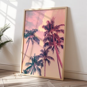 Palmeras de color rosa suave imprimen arte de la pared, impresiones costeras tropicales, arte de impresión de playa, cartel rosa de verano, impresiones de ambiente tropical, cartel moderno boho