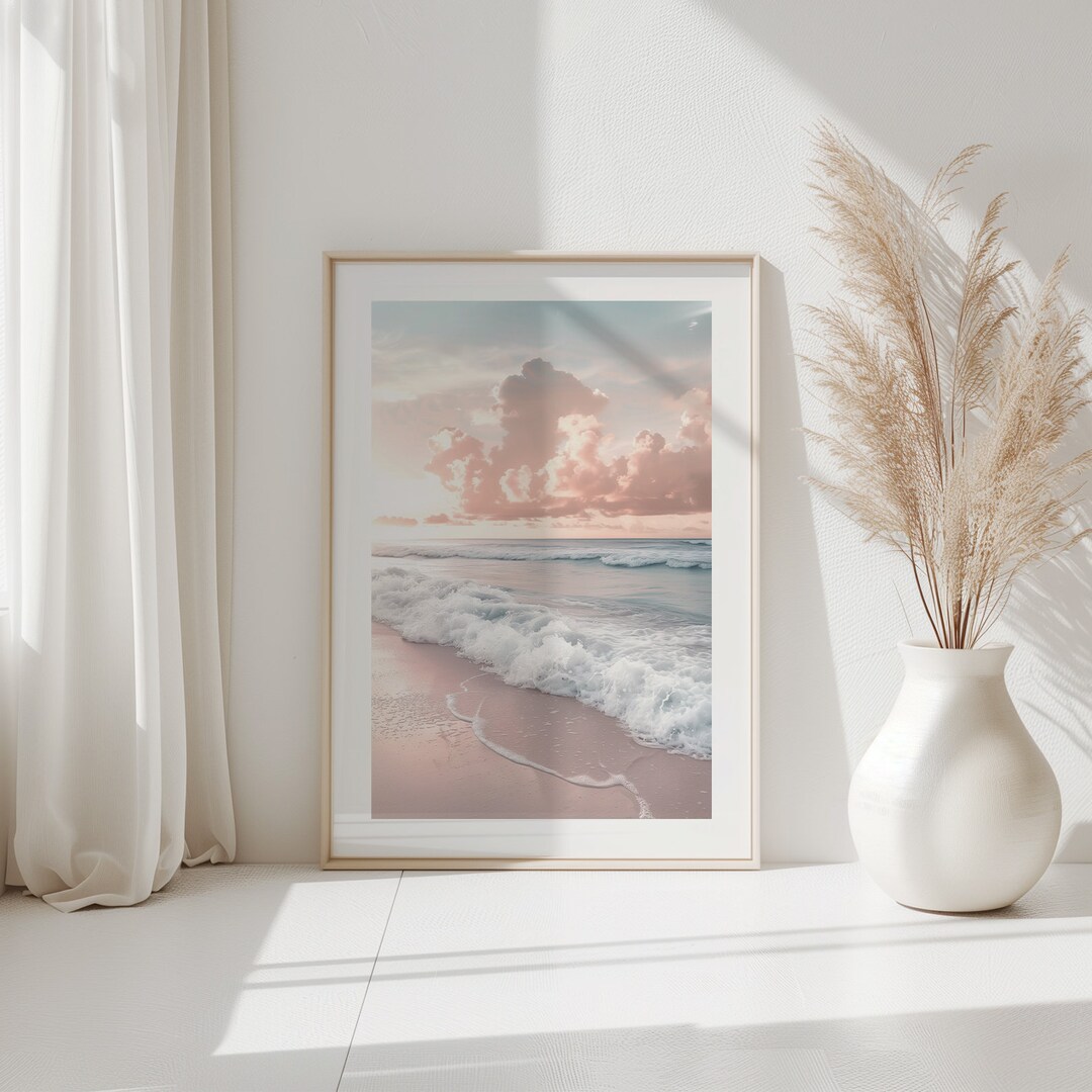 Pink Serene Sunset Ocean Waves Coastal Wall Art, Beach Sea Print ...