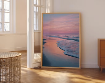 Pink Pastel Sunset at Beach Wall Art Digital Download, Pink Beach Print, Coastal Ocean Printable Decor, Pink Coastal Poster, Ocean Art Print