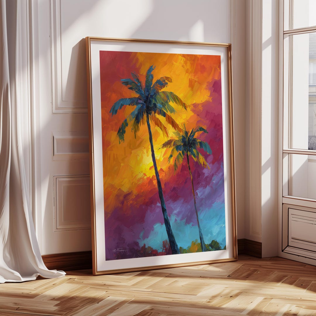 Tropical Sunset Painting of Palm Tree Wall Art, Summer Beach Sunset ...