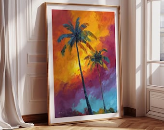 Pintura de pôr do sol tropical com palmeiras, pôster de pôr do sol na praia de verão, estampa tropical, arte de parede tropical, arte de impressão de palmeiras
