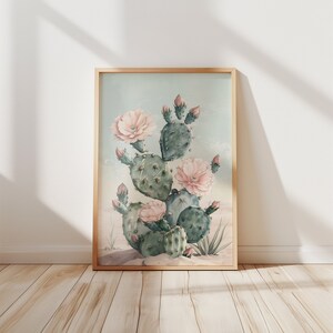 Blühender rosa Girly Wüstenkaktus Aquarell Kunstdruck, rosa Kaktusblume in der Wüste, trendiger westlicher Wüstendruck, Wohnkultur Digitales Poster