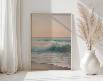 Warm Sunset Ocean Waves Coastal Digital Print, Beach Sea Prints, Coastal Wall Art, Pastel Beach Sea Print Art, Ocean Sunset Printable Poster