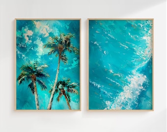 Palmen und Meereswellen 2er-Set, Wandkunst, Tropische Küstendrucke, Stranddruckkunst, Sommerküstenposter, Tropische Vibe-Drucke