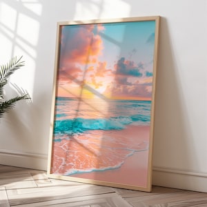 Pink Orange Sunset Ocean Beach Print Wall Art, Serene Coastal Poster, Ocean Beach Art Print, Boho Beach Poster, Sunset Prints, Home Decor