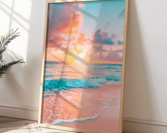 Pink Orange Sunset Ocean Beach Print Wall Art, Serene Coastal Poster, Ocean Beach Art Print, Boho Beach Poster, Sunset Prints, Home Decor