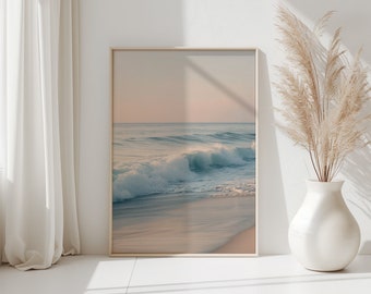 Soft Sunset Ocean Waves Coastal Digital Print, Beach Sea Prints, Coastal Wall Art, Pastel Beach Sea Print, Ocean Sunset Printable Poster