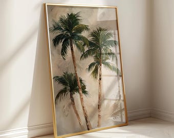 May include: A framed painting of three palm trees with green leaves against a beige background. The frame is gold.