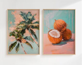 Soft Painting Palm Trees and Coconuts Set of 2 Wall Art Print, Tropical Coastal Prints, Beach Print Art, Summer Poster, Tropical Vibe Prints