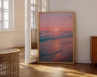 Pastel Sunset Wall Art Digital Download, Pink Beach Print, Coastal Ocean Printable Decor, Pink Coastal Poster, Ocean Beach Wall Art Print