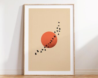 Japanese Red Sun Wall Art, Japandi Minimalist Print, Flying Birds Poster, Zen Abstract Digital Download, Modern Japanese Decor