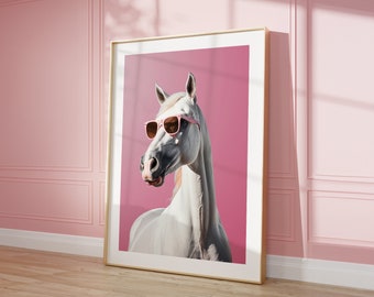 Exklusive Pferd mit Sonnenbrille Druck Wandkunst, coole Pferdevibe, moderne Kunst, trendige Wohnheimzimmer Wandkunst, Wohnkultur, digitales Poster