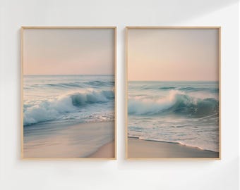Pastel Sunset and Ocean Waves Set of 2 Wall Art Print, Tropical Coastal Prints, Beach Print Art, Summer Coastal Poster, Tropical Vibe Prints