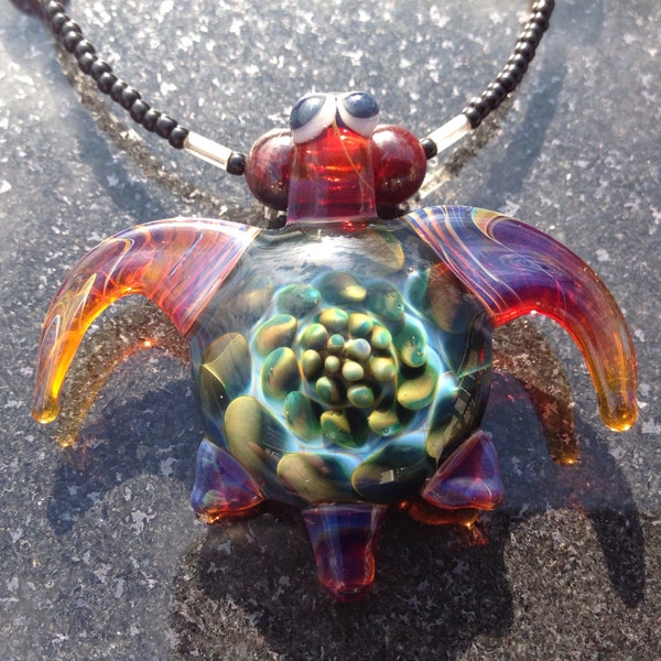 Beaded Necklace with Glass Sea Turtle Implosion Pendant --- Majestic Glass Arts ---