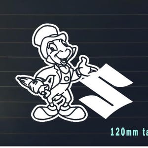 May include: A white vinyl decal featuring a cartoon character with a top hat and a paintbrush, holding a letter 'S' with a 120mm height.