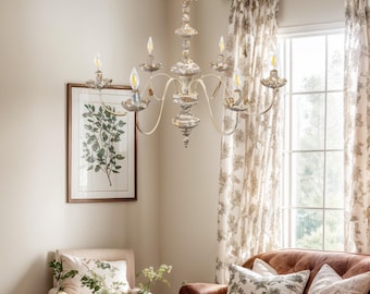 Shabby Chic Chandelier with Distressed Finish Design, Metal Six-Arm Chandelier - Perfect for Rustic and Romantic Interiors