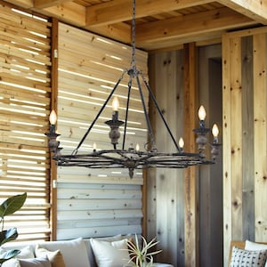 French Black and gold weathered worn chandelier wheel shaped chandelier Design with 8 Lights, Perfect for Dining Room, Living Room.
