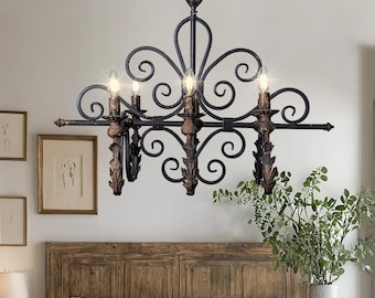 Lámpara colgante de metal forjado negro, lámpara colgante de vela rural francesa de 6 brazos, lámpara colgante para sala de estar, luz de cadena colgante para pasillo.