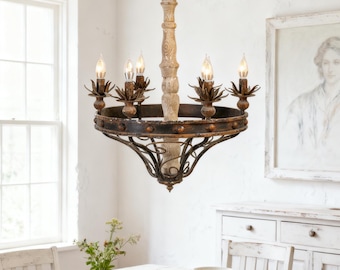 Vintage Farmhouse Chandelier, Rustic Wooden Wrought Iron 6 Light Hang Ceiling Light with Ornate Scroll Design for Living Room, Dining Room