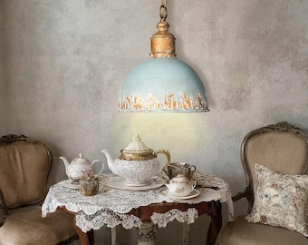 Vintage Industrial Metal Pendant Light with Distressed Blue and Gold Finish, Perfect for Rustic Kitchen, Dining Room, or Home Bar Decor.