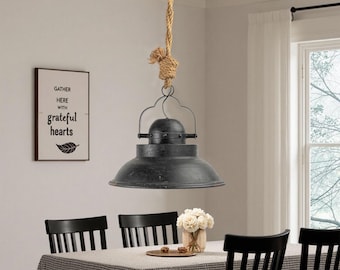 Vintage Metal Chandelier Black Metal Dome Chandelier Chandelier with Rope Rustic Farmhouse Chandelier Vintage Country Decor