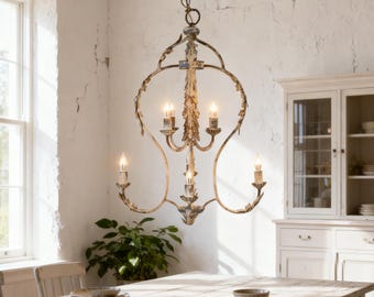 Vintage Distressed Metal Chandelier with Floral and Leaf Accents, Rustic Farmhouse 6 Light Hanging Ceiling Lamp for Living Dining Room.