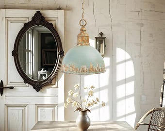Vintage Industrial Style Hanging Pendant Light - Rustic Retro Cyan with Distressed Gold Finish.