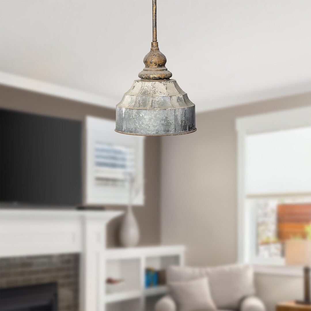 View of Vintage Metal Chandelier Rust Finish Conical Metal Lampshade Modern ...