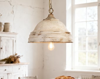 Vintage Distressed White Dome Pendant Light, Rustic Farmhouse Hanging Ceiling Lamp with Adjustable Chain for Kitchen, Dining Room.