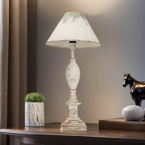 Rustic Vintage Wooden Table Lamp with Distressed White Finish and Metal Shade - Elegant Home Decor