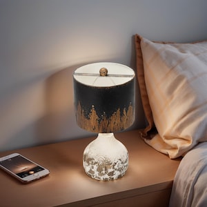 Vintage Rustic Beige Wooden Base Table Lamp, Distressed Finish Table Lamp, Metal Lampshade Table Lamp Country Home Decor