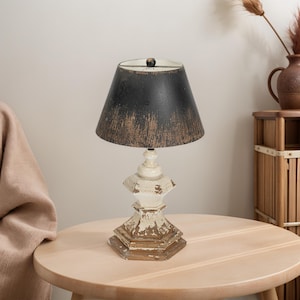 Rustic Vintage Table Lamp with Distressed Finish, Wooden Base and Black Metal Shade Table Lamp for Home Decor