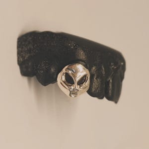 Puede incluir: Un anillo plateado con forma de cabeza de alienígena. El anillo presenta un rostro extraterrestre detallado con ojos grandes y ovalados y una boca pequeña. El anillo está sobre un fondo negro texturizado.