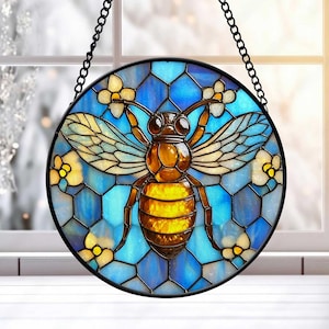 Yellow Suncatcher Honeycomb Faux Stained Glass Suncatcher, Bees Suncatcher, Beehive and Flower Window Hanging Ornament, Bee Keeper gifts