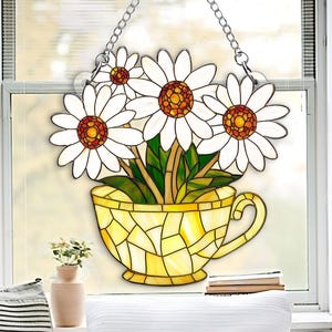 Daisy Flower Tea Cup Faux Acrylic Window Hanging Decor Home, Daisy Flower Suncatcher Decor, Daisy Flower Tea Cup Floral Art Wall Hanging