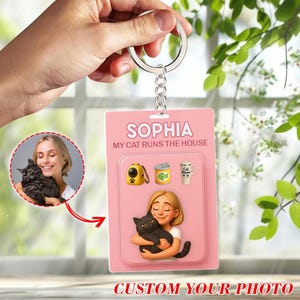 Gepersonaliseerde moeder kat faux 3D figuur doos sleutelhanger van foto, aangepaste foto cartoon acryl sleutelhanger cadeau voor moeder kat, uniek huisdier minnaar cadeau