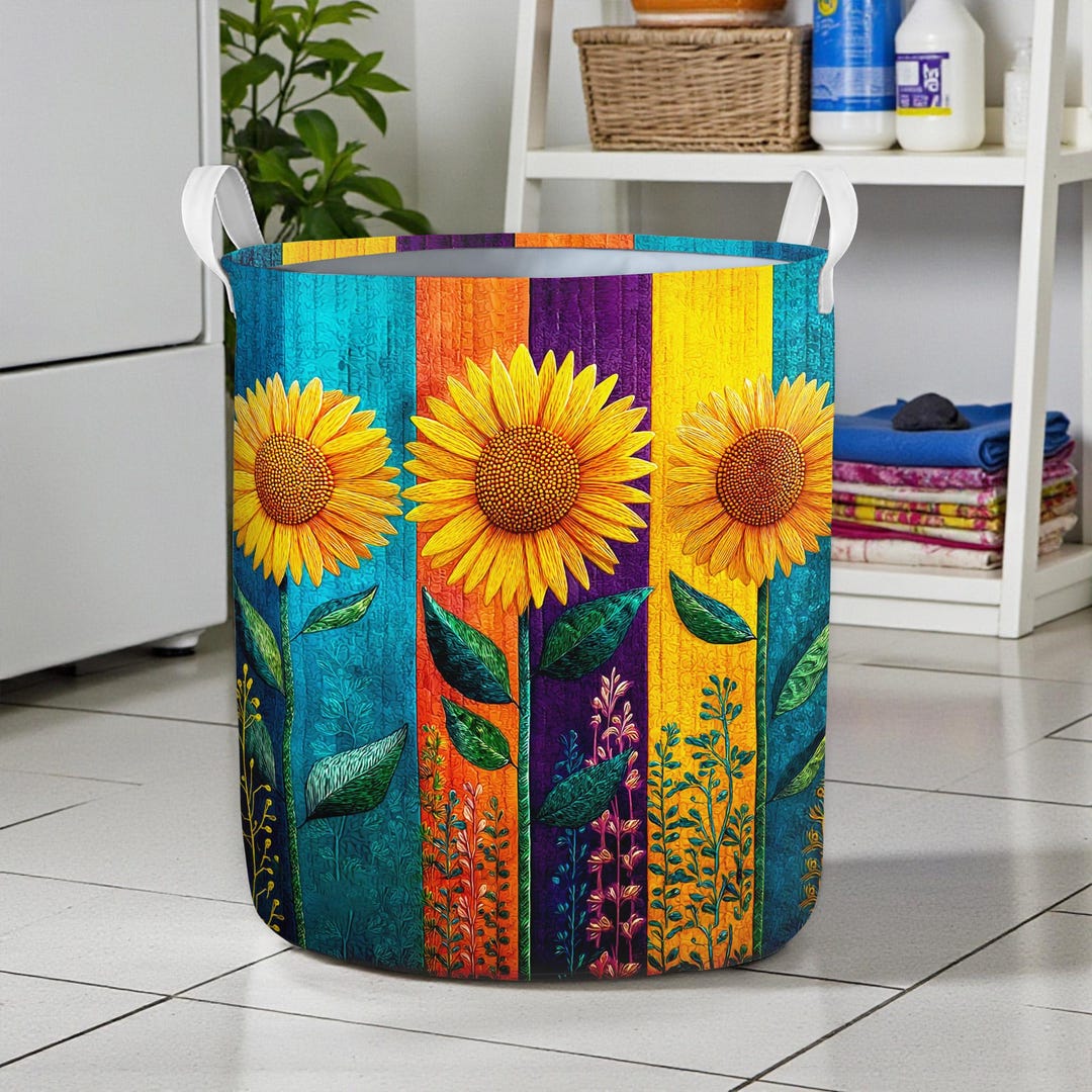 Floral Sunflower Art Storage Basket, Sunflower Laundry Bin With Handles ...