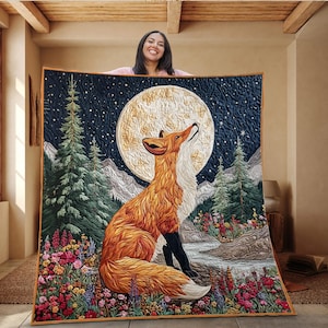 Manta de zorro y luna, ropa de cama de animales del bosque, manta de zorro rojo del bosque, regalo de vida silvestre para ella, decoración acogedora de cabaña, regalo para amantes de los zorros