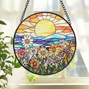 Wildflowers Faux Stained Glass, Sunset And Wildflower Suncatcher, Window Hangings, Housewarming Gift, Garden Home Decor, Birthday Gift